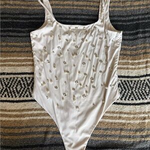 Embellished Ivory Women's Bodysuit with Scoop Neck